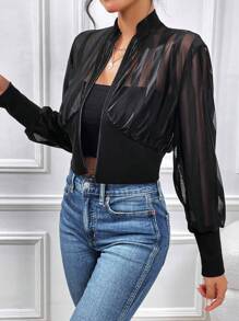 SHEIN Essnce Contrast Mesh Lantern Sleeve Jacket In Fall/Winter - Black - View 4