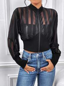 SHEIN Essnce Contrast Mesh Lantern Sleeve Jacket In Fall/Winter - Black - View 5