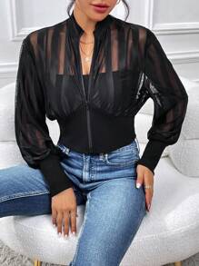 SHEIN Essnce Contrast Mesh Lantern Sleeve Jacket In Fall/Winter - Black - View 6