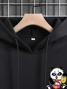 Manfinity EMRG 男士大码熊貓和標語圖案袋鼠口袋抽繩連帽衫 - 黑色 - 查看 4