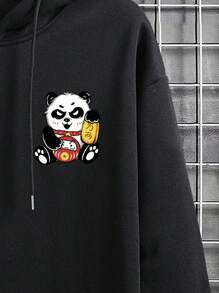 Manfinity EMRG 男士大码熊貓和標語圖案袋鼠口袋抽繩連帽衫 - 黑色 - 查看 5