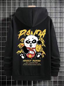 Manfinity EMRG 男士大码熊貓和標語圖案袋鼠口袋抽繩連帽衫 - 黑色 - 查看 6