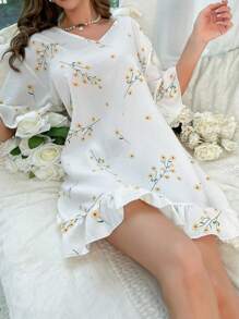花卉印花荷叶边下摆睡衣睡裙