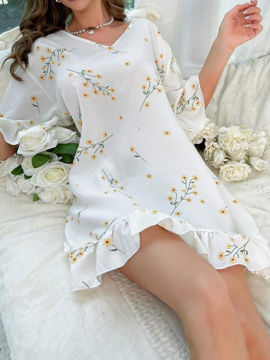 花卉印花荷叶边下摆睡衣睡裙