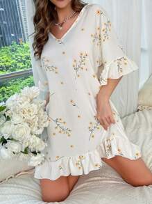 花卉印花荷叶边下摆睡衣睡裙