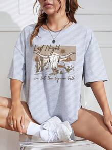 SHEIN EZwear Nötkreatur & Slogan Grafik T-shirt med Drop Shoulder - Ljusgrå - Visa 1