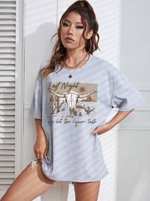 SHEIN EZwear Nötkreatur & Slogan Grafik T-shirt med Drop Shoulder - Ljusgrå - Visa 5