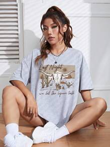 SHEIN EZwear Nötkreatur & Slogan Grafik T-shirt med Drop Shoulder - Ljusgrå - Visa 6