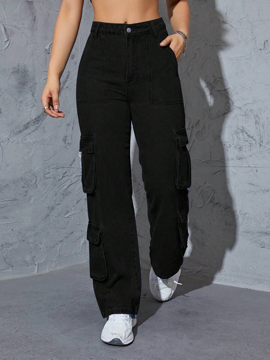 Flap Pocket Cargo Jeans - Black - View 1