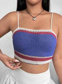 SHEIN Qutie Plus Striped Pattern Crop Cami Knit Top - Purple - View 3