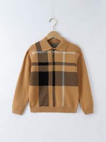 Tween Boy Plaid Pattern Half Button Sweater - Camel - View 1