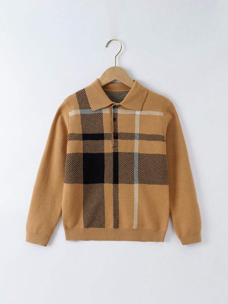 Tween Boy Plaid Pattern Half Button Sweater - Camel - View 1