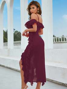 Eilly Bazar Cold Shoulder Ruffle Trim Split Thigh Dress - Red Violet - View 2