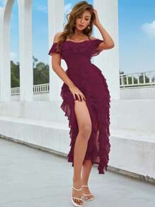 Eilly Bazar Cold Shoulder Ruffle Trim Split Thigh Dress - Red Violet - View 3