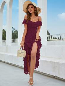 Eilly Bazar Cold Shoulder Ruffle Trim Split Thigh Dress - Red Violet - View 4