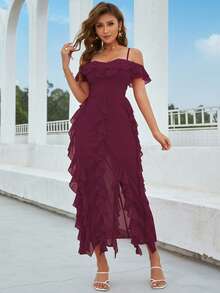 Eilly Bazar Cold Shoulder Ruffle Trim Split Thigh Dress - Red Violet - View 6