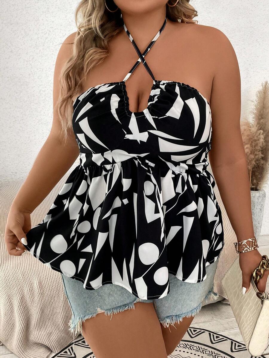 Calvaya 大碼滿版印花十字交叉後背繫帶荷葉邊下擺掛脖上衣 - 黑與白 - 查看 1