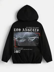SHEIN Tween Boy Hand & Slogan Graphic Hooded Jacket - Black - View 1