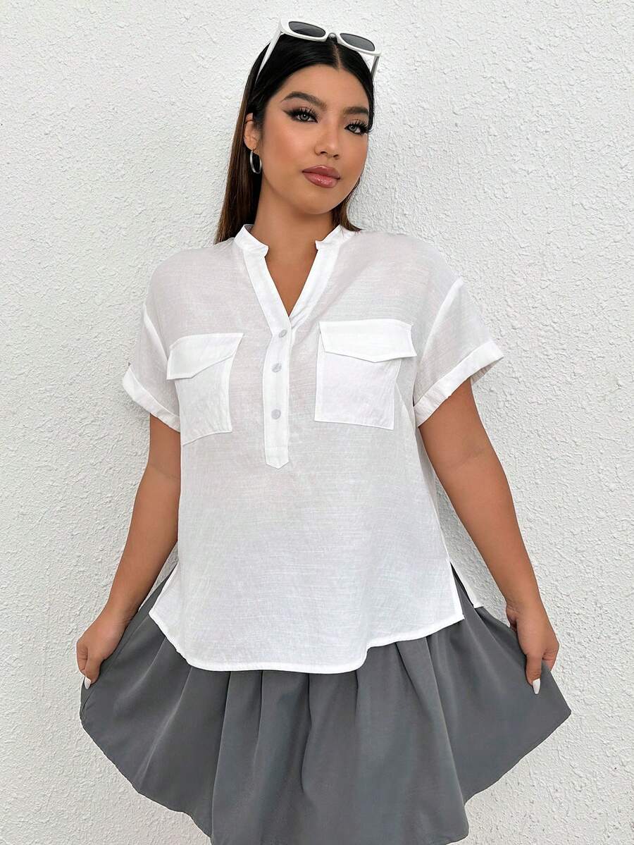 SHEIN EZwear Hơn Túi có nắp Nút Nửa Viền chia cắt Áo sơ mi - trắng - Xem 1