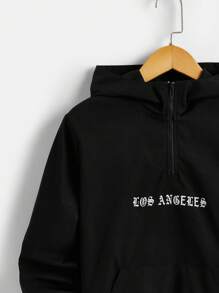 SHEIN Tween Boy Hand & Slogan Graphic Hooded Jacket - Black - View 7