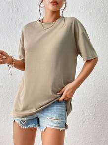 INAWLY 素色落肩T恤 - 卡其色 - 查看 4