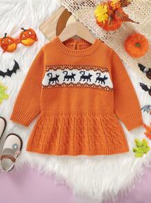 Baby Girl Animal Pattern Peplum Waist Jumper Dress - Orange - View 1