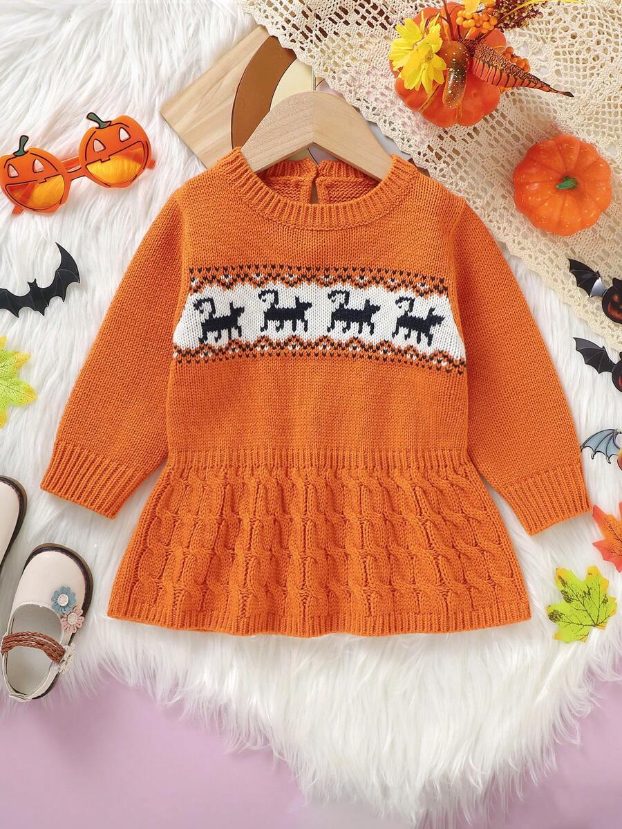 Baby Girl Animal Pattern Peplum Waist Jumper Dress - Orange - View 1