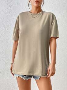 INAWLY 素色落肩T恤 - 卡其色 - 查看 5