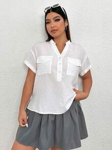 SHEIN EZwear Hơn Túi có nắp Nút Nửa Viền chia cắt Áo sơ mi - trắng - Xem 3