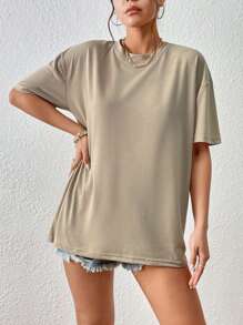 INAWLY 素色落肩T恤 - 卡其色 - 查看 6