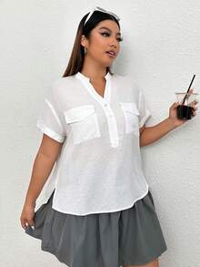 SHEIN EZwear Hơn Túi có nắp Nút Nửa Viền chia cắt Áo sơ mi - trắng - Xem 5