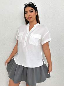 SHEIN EZwear Hơn Túi có nắp Nút Nửa Viền chia cắt Áo sơ mi - trắng - Xem 6