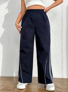 SHEIN EZwear Hơn Contrast Piping Quần chân thẳng - Màu xanh hải quân - Xem 1