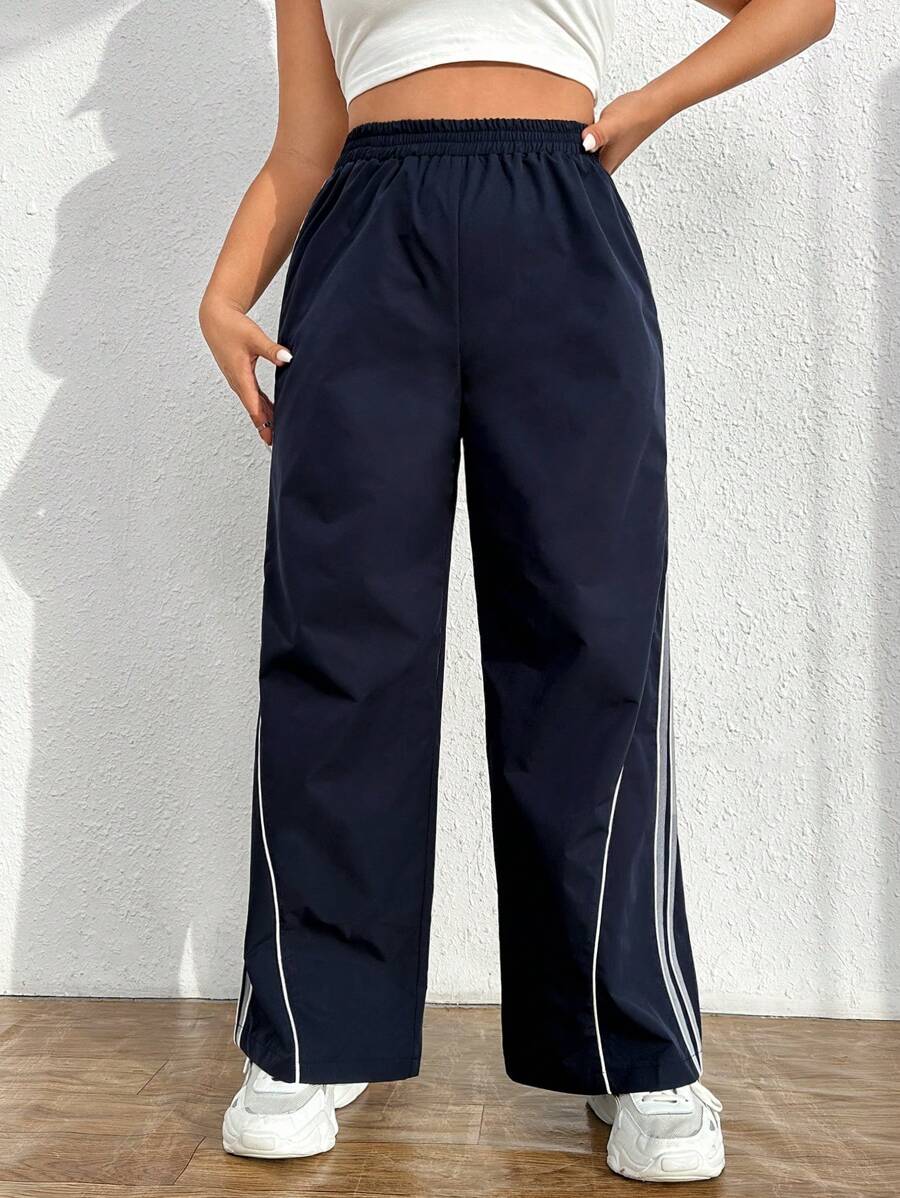 SHEIN EZwear Hơn Contrast Piping Quần chân thẳng - Màu xanh hải quân - Xem 1