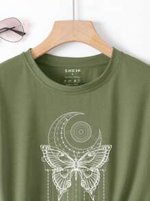 INAWLY 月亮和蝴蝶圖案T恤 - 軍綠色 - 查看 4