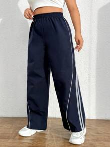 SHEIN EZwear Hơn Contrast Piping Quần chân thẳng - Màu xanh hải quân - Xem 3