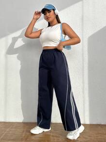 SHEIN EZwear Hơn Contrast Piping Quần chân thẳng - Màu xanh hải quân - Xem 4