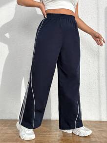 SHEIN EZwear Hơn Contrast Piping Quần chân thẳng - Màu xanh hải quân - Xem 5