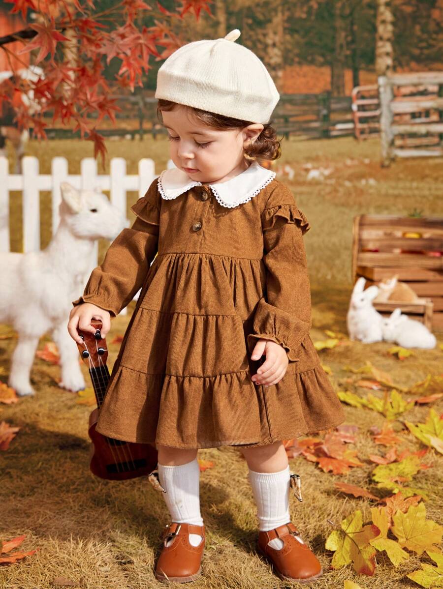 SHEIN Bebé niña Vestido smock de cuello en contraste bajo con fruncido - Marrón - Ver 1