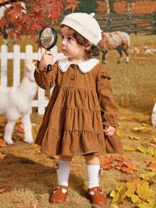 SHEIN Bebé niña Vestido smock de cuello en contraste bajo con fruncido - Marrón - Ver 3