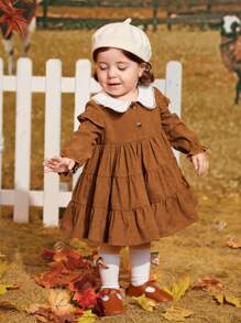 SHEIN Bebé niña Vestido smock de cuello en contraste bajo con fruncido - Marrón - Ver 4