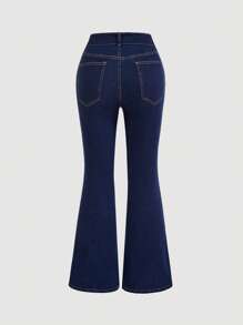 SHEIN Plus Grommet Buckle Detail Flare Leg Jeans - Dark Wash - View 2