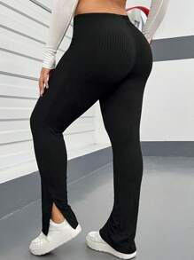 SHEIN EZwear Plus Size Women's Elastic Waist Split Hem Pants - Black - View 2