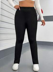 SHEIN EZwear Plus Size Women's Elastic Waist Split Hem Pants - Black - View 3