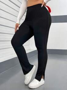 SHEIN EZwear Plus Size Women's Elastic Waist Split Hem Pants - Black - View 5