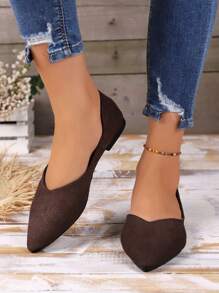 Zapatos planos talla grande cómodo sin cordones de punta unicolor de mujeres - Marrón - Ver 1