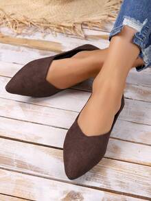 Zapatos planos talla grande cómodo sin cordones de punta unicolor de mujeres - Marrón - Ver 2