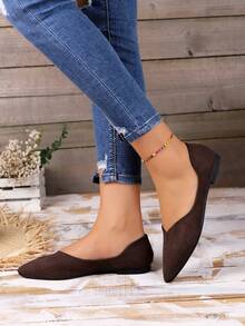 Zapatos planos talla grande cómodo sin cordones de punta unicolor de mujeres - Marrón - Ver 3