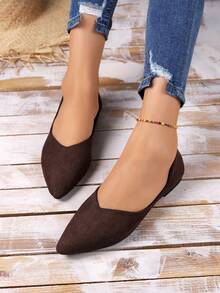 Zapatos planos talla grande cómodo sin cordones de punta unicolor de mujeres - Marrón - Ver 4