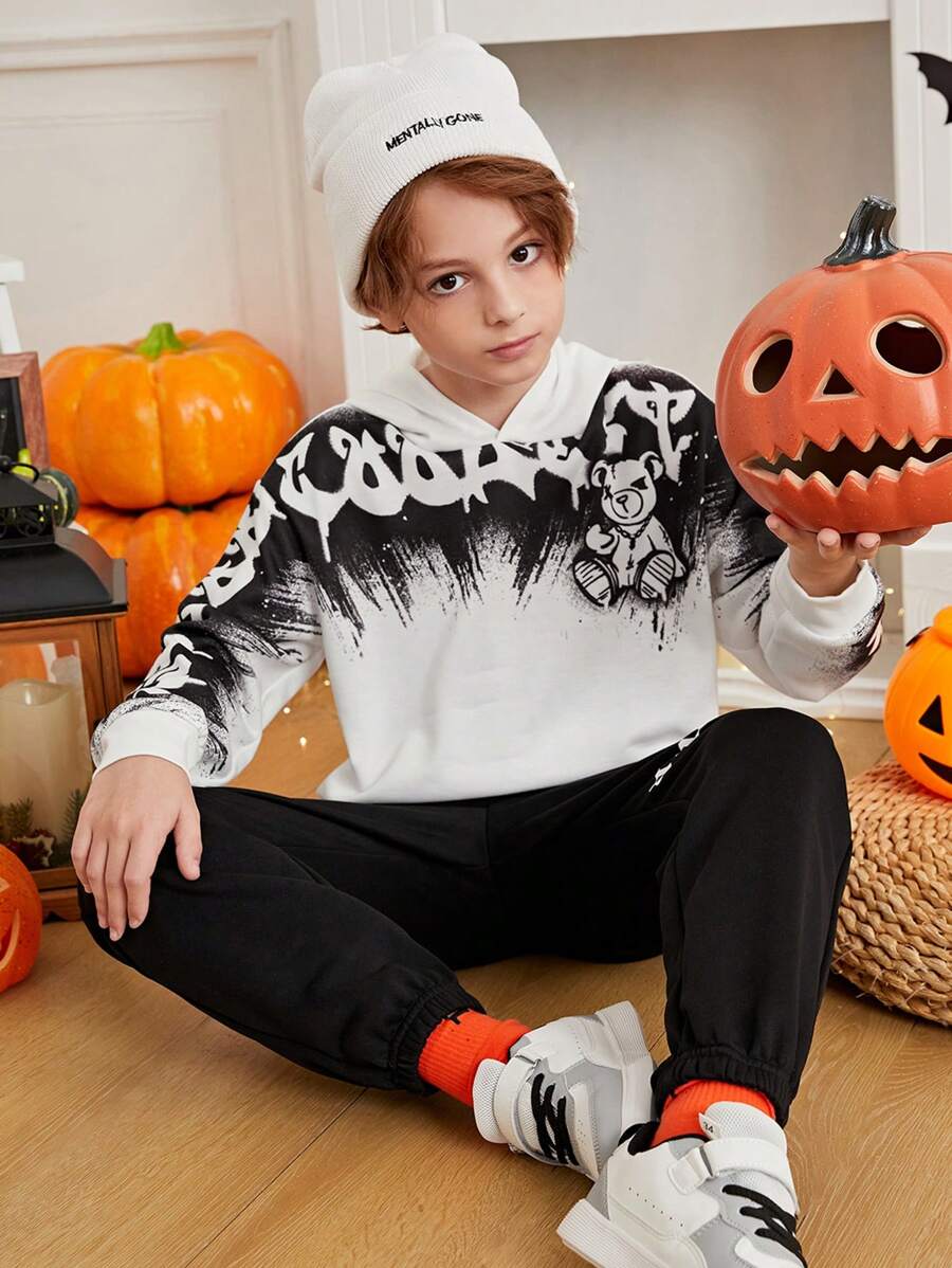 SHEIN Tween Boy Cartoon And Letter Graphic Two Tone Sweatshirt - White - View 1